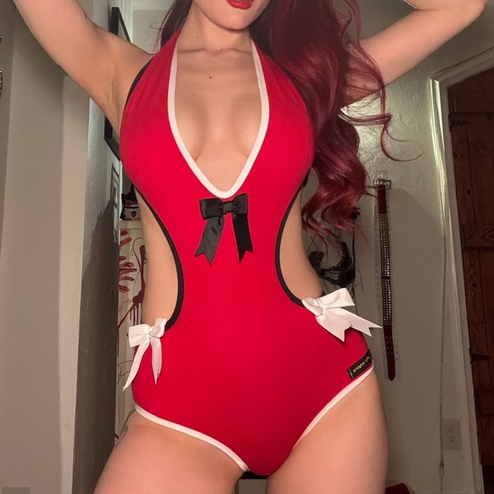 Red Halter Cutout Romper with Bow Accents